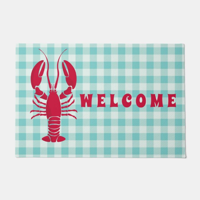 Lobster on Blue Gingham  Welcome Doormat (Front)