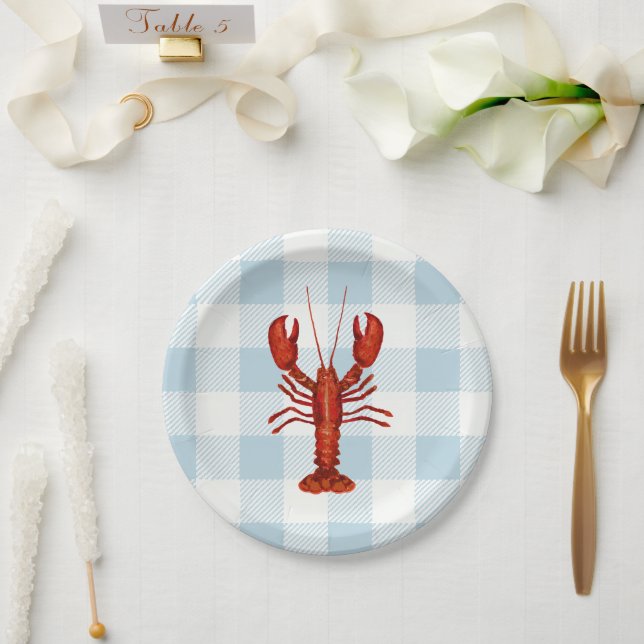 Lobster Painting Nautical Blue Gingham Coastal Paper Plate (Wedding)
