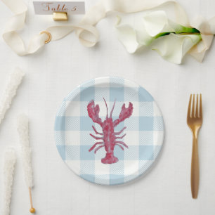 Lobster Painting Nautical Blue Gingham Coastal Paper Plate