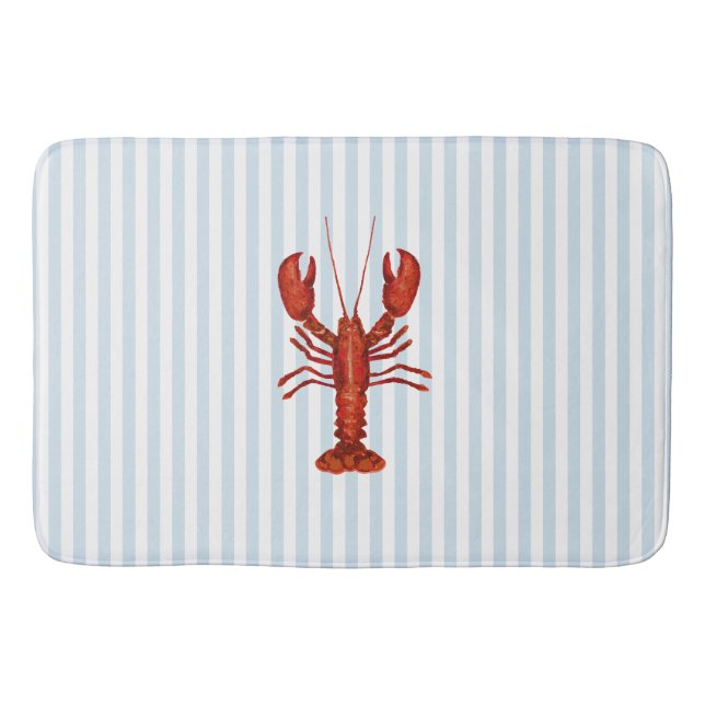 Lobster Painting Nautical Blue Stripe Coastal Bath Mat (Front)