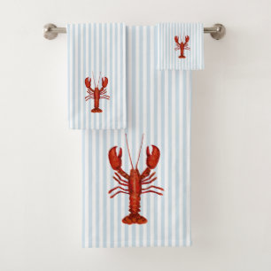 Lobster Painting Nautical Blue Stripe Coastal Bath Towel Set