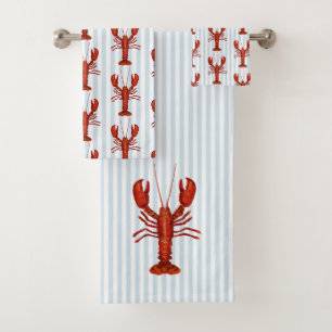 Lobster Painting Nautical Blue Stripe Coastal Bath Towel Set