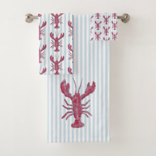 Lobster Painting Nautical Blue Stripe Coastal Bath Towel Set