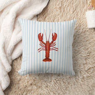 Lobster Painting Nautical Blue Stripe Coastal Cushion