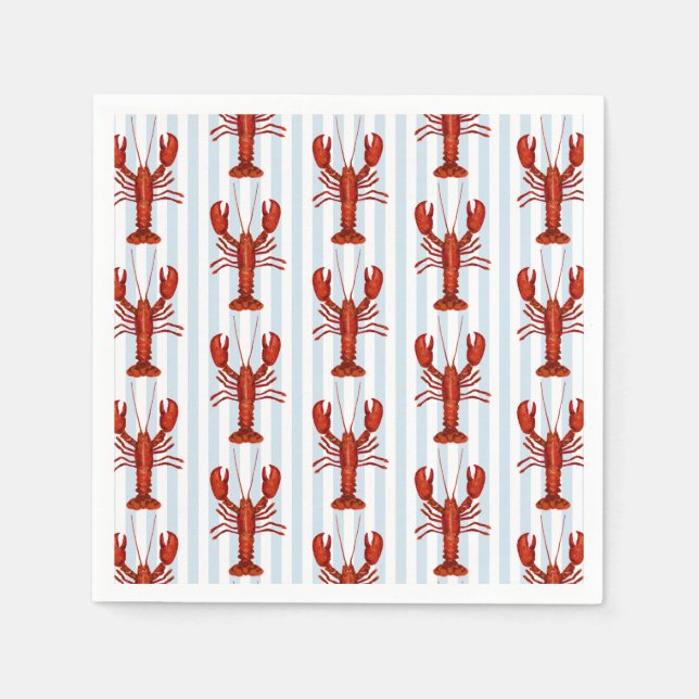Lobster Painting Nautical Blue Stripe Coastal Napkin (Front)