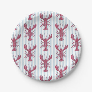 Lobster Painting Nautical Blue Stripe Coastal Paper Plate