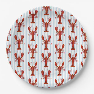 Lobster Painting Nautical Blue Stripe Coastal Paper Plate