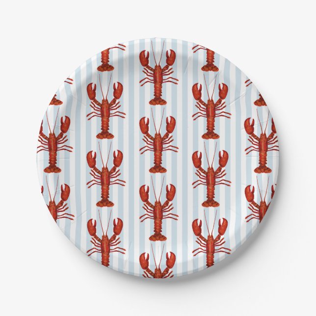 Lobster Painting Nautical Blue Stripe Coastal Paper Plate (Front)