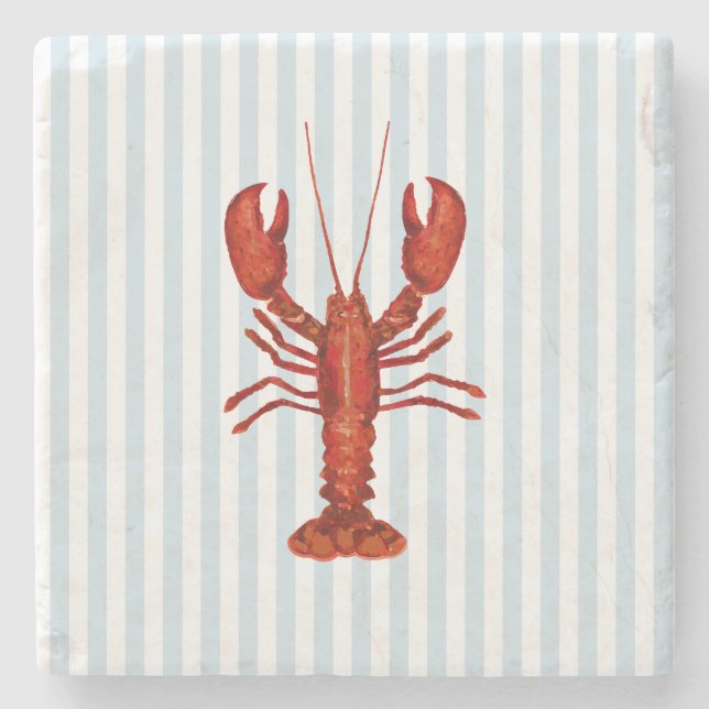 Lobster Painting Nautical Blue Stripe Coastal Stone Coaster (Front)