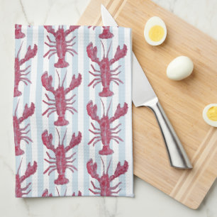 Lobster Painting Nautical Blue Stripe Coastal Tea Towel