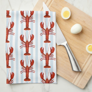 Lobster Painting Nautical Blue Stripe Coastal Tea Towel