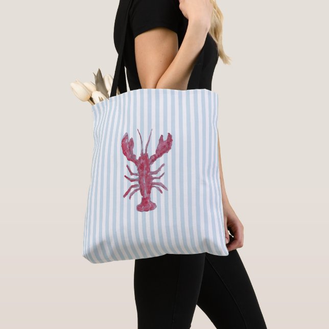 Lobster Painting Nautical Blue Stripe Coastal Tote Bag (Close Up)