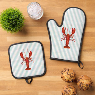 Lobster Painting Nautical Coastal Oven Mitt & Pot Holder Set