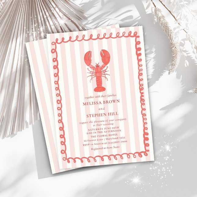 Lobster Pink Stripe Nautical Wedding Invitation (Creator Uploaded)