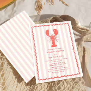Lobster Pink Stripe Nautical Wedding Invitation
