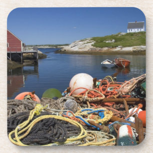 Lobster pots, buoys, and ropes on the dock at coaster