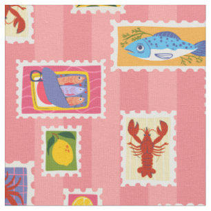 lobster sardine lemon seafood stamp collage stripe fabric