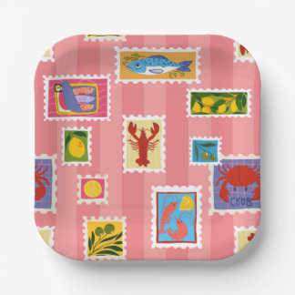 lobster sardine lemon seafood stamp collage stripe paper plate