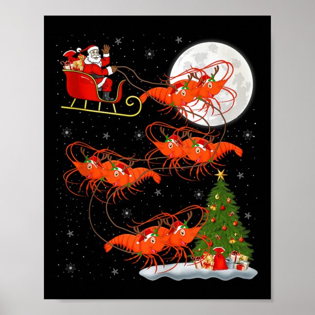 Lobster Shrimp Santa Sleigh Flying Funny Magical C Poster (Front)
