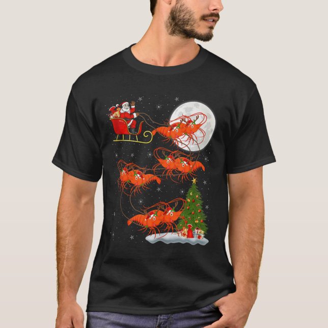Lobster Shrimp Santa Sleigh Flying Funny Magical C T-Shirt (Front)