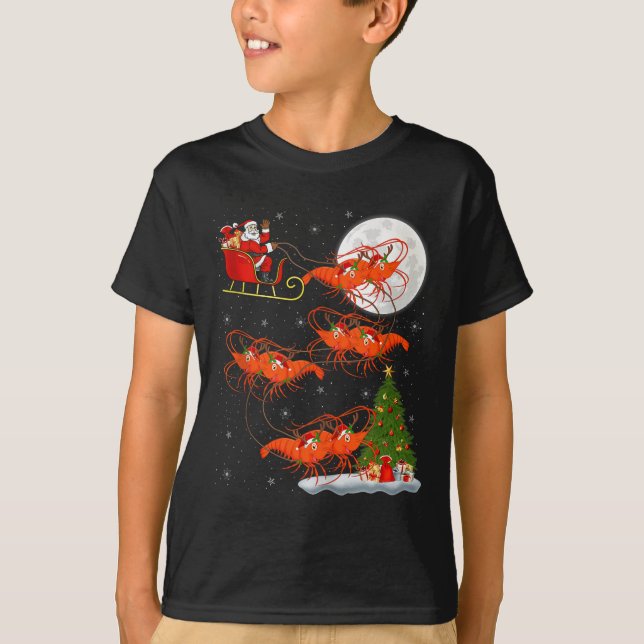 Lobster Shrimp Santa Sleigh Flying Funny Magical C T-Shirt (Front)