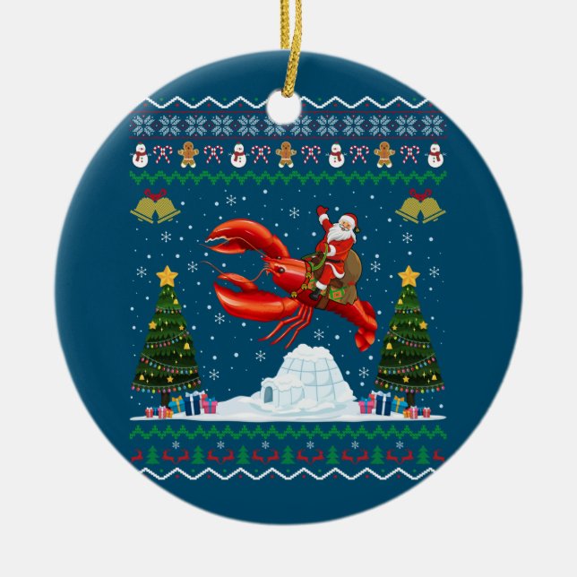 Lobster Ugly Xmas Gift Santa Riding Lobster Christ Ceramic Tree Decoration (Front)