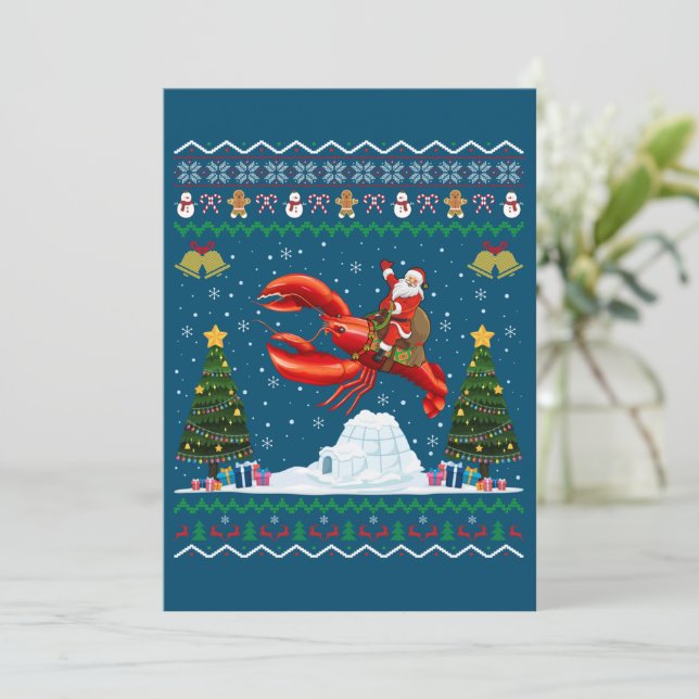 Lobster Ugly Xmas Gift Santa Riding Lobster Christ Holiday Card (Standing Front)