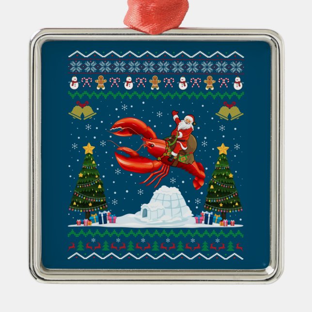 Lobster Ugly Xmas Gift Santa Riding Lobster Christ Metal Tree Decoration (Front)