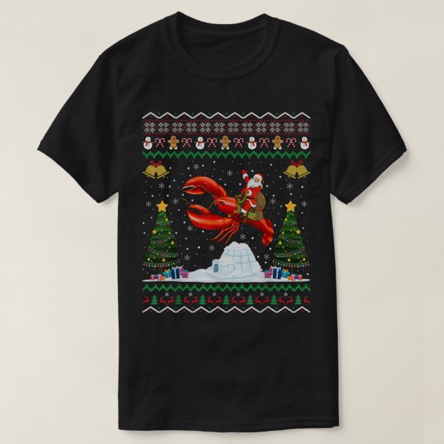 Lobster Ugly Xmas Gift Santa Riding Lobster Christ T-Shirt (Design Front)
