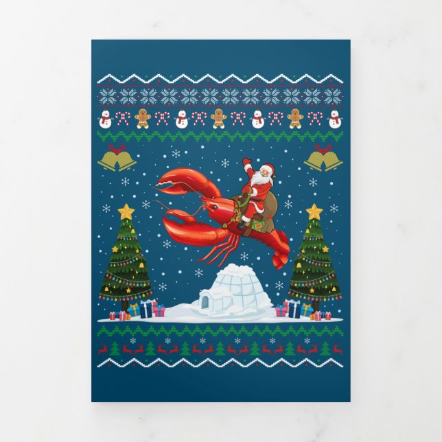 Lobster Ugly Xmas Gift Santa Riding Lobster Christ Tri-Fold Invitation (Cover)