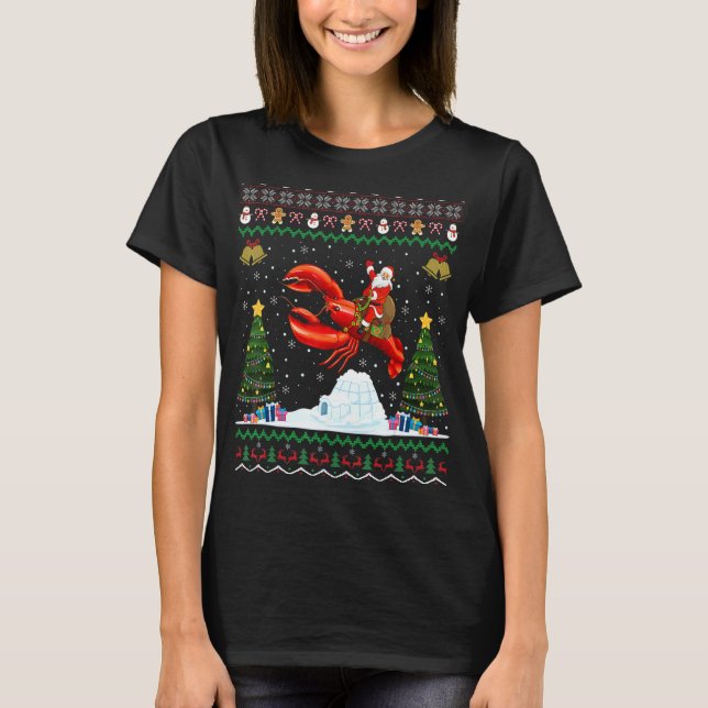 Lobster Ugly Xmas Santa Riding Lobster Christmas T-Shirt (Front)