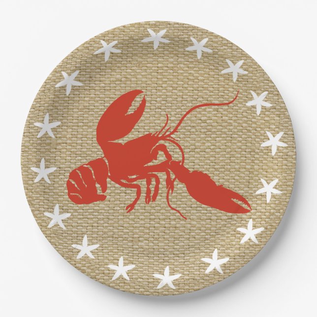 Lobster & White Starfish Nautical Beach "Burlap" Paper Plate (Front)