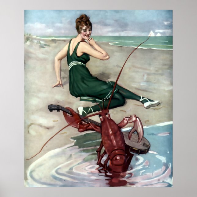 Lobster With Banjo Serenading Beach Girl Poster (Front)