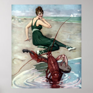 Lobster With Banjo Serenading Beach Girl Poster