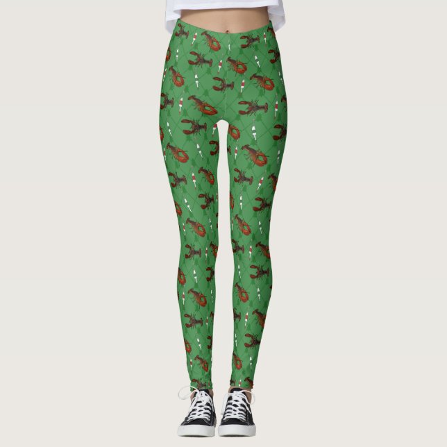 Lobsters and Fishing Buoys on Green Christmas  Leggings (Front)