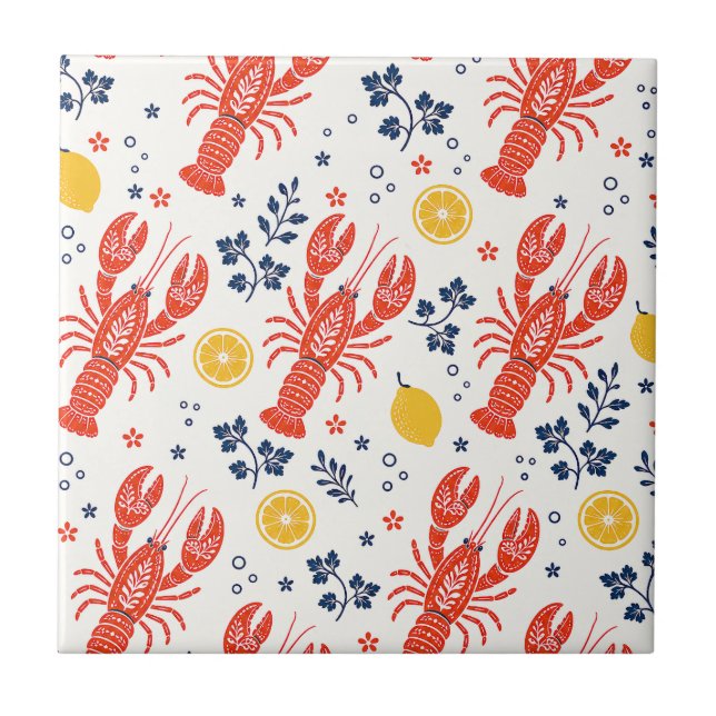 Lobsters and Lemon, Coastal Nautical Kitchen Decor Tile (Front)