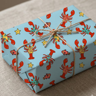 Lobsters in Hawaiian Shirts Summer Starfish Beach Wrapping Paper