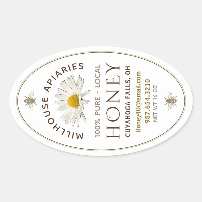 Local Hand Bottled Honey Daisy and Bees White Oval Sticker (Front)