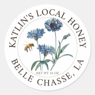 Local Honey Label Blue Aster Flower and Honeybee
