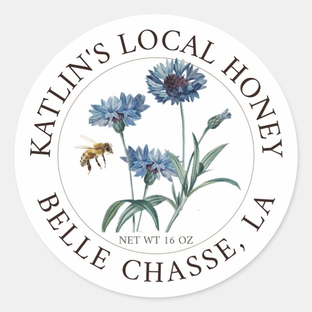 Local Honey Label Blue Aster Flower and Honeybee (Front)