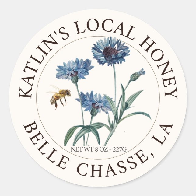 Local Honey Label Blue Aster Flower and Honeybee (Front)