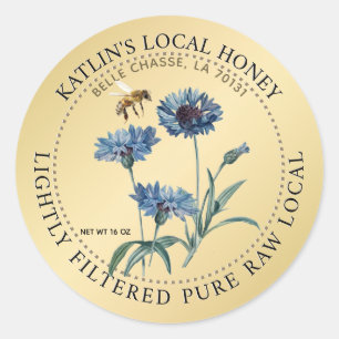 Local Honey Label Blue Aster Flower Honeybee Gold