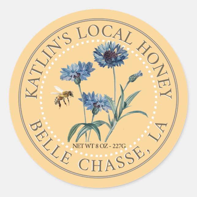 Local Honey Label with Blue Aster and Honeybee (Front)