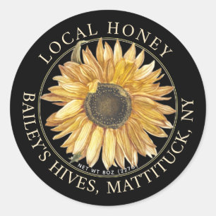 Local Honey Label with Vintage Sunflower on Black