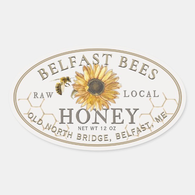 Local Honey with Sunflower and Bee Oval Sticker (Front)