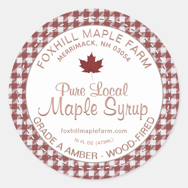 Local Maple Syrup Gingham Red Leaf Farm Rustic     Classic Round Sticker (Front)