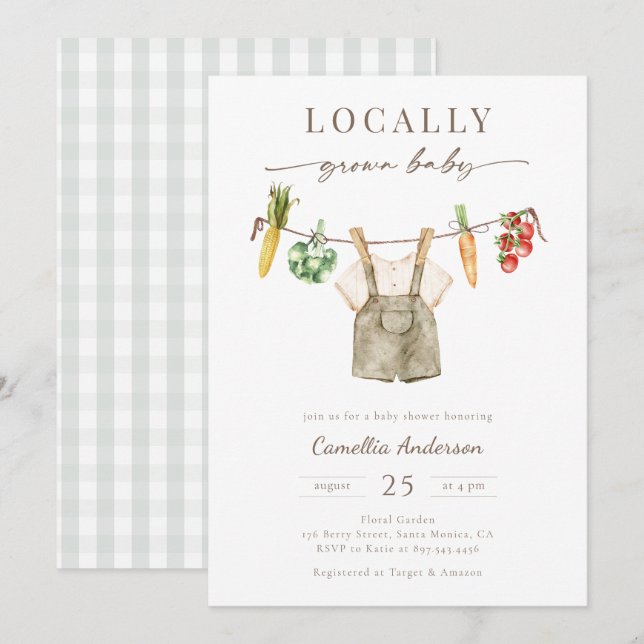 Locally Grow Farmers Market Baby Boy Clothesline  Invitation (Front/Back)