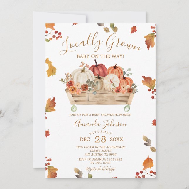 Locally Grown Autumn Leaves Pumpkin Baby Shower Invitation (Front)