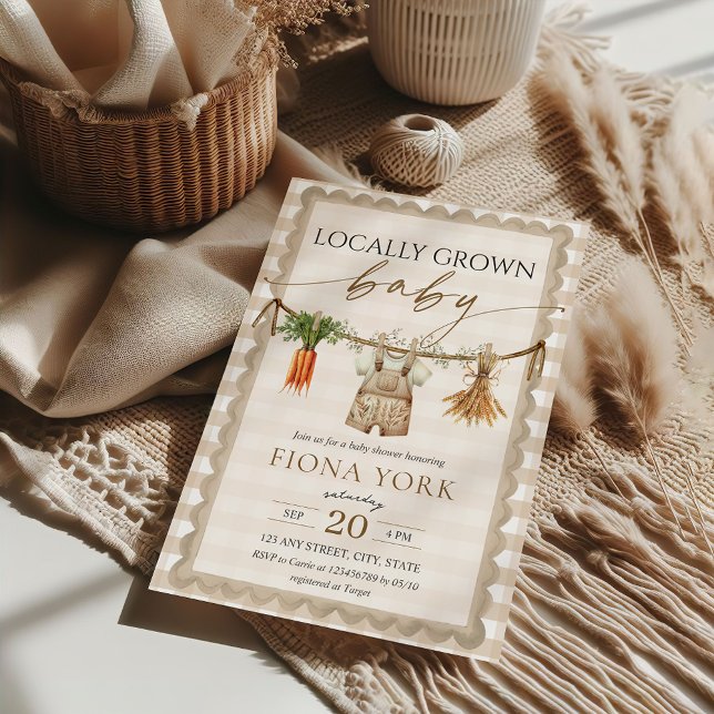 Locally Grown Baby Farmer's Market Beige Gingham Invitation (Locally Grown Baby Beige Gingham Gender Neutral Home Grown Farmer's Market Baby Shower Invitation)