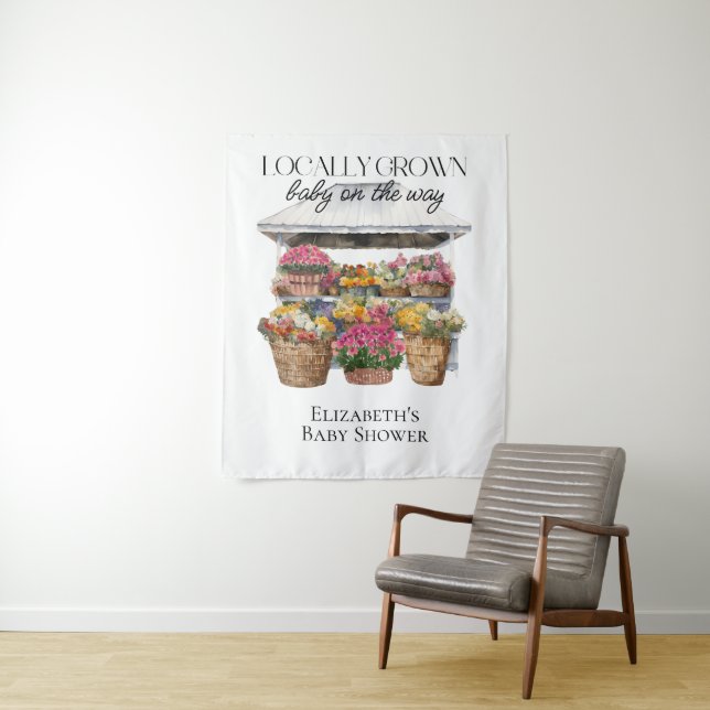 Locally Grown Baby on the Way Baby Shower Backdrop Tapestry (In Situ)